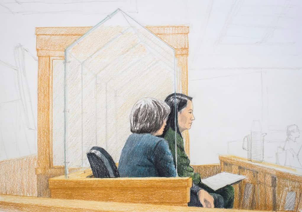 December 7: A courtroom sketch of Meng Wanzhou, right, with her translator during a bail hearing at British Columbia Supreme Court in Vancouver.