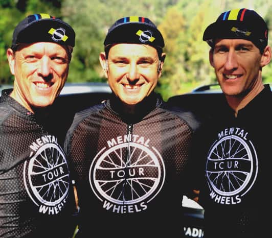 Gareth Pike, SBS Presenter Michael Tomalaris and Clinton Hill (right) will ride to raise money for mental health next month.