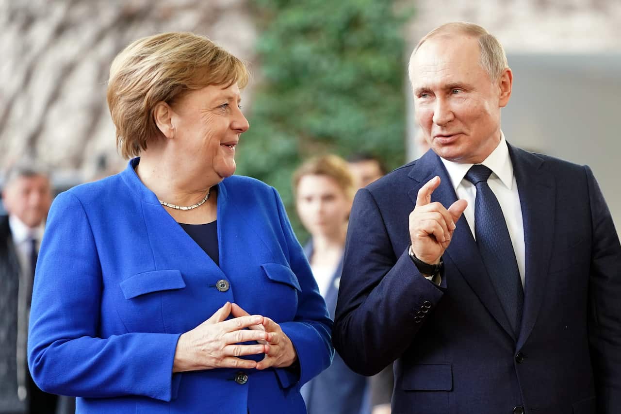 German Chancellor Angela Merkel and Russian President Vladimir Putin at the Federal Chancellery before the International conference on Libya. 