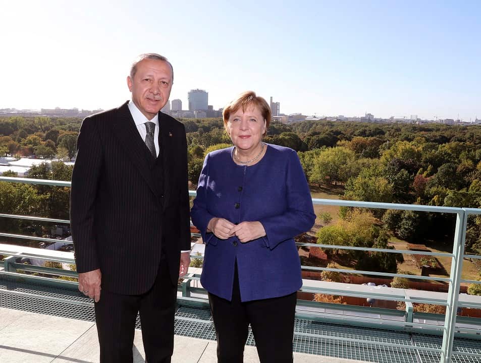 German Chancellor Angela Merkel, right, and Turkish President Recep Tayyip Erdogan.