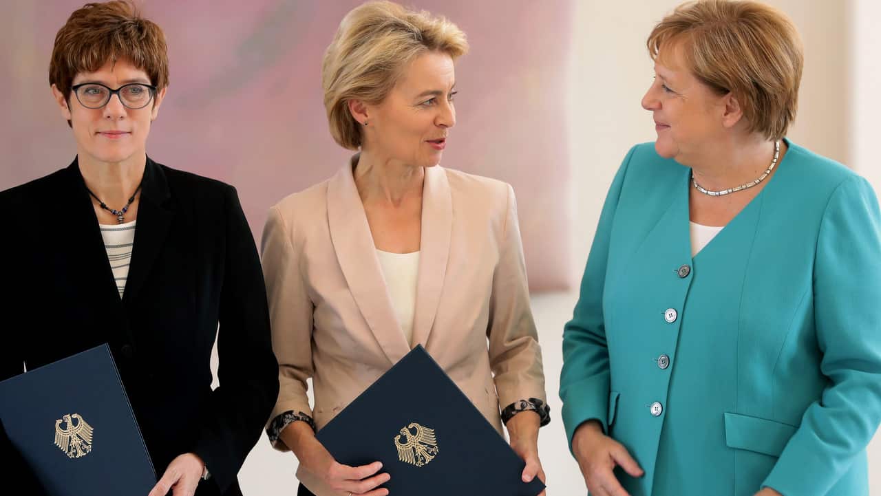German Chancellor Angela Merkel, new elected European Commission President Ursula von der Leyen and Annegret Kramp-Karrenbauer, the new German Defense Minister.