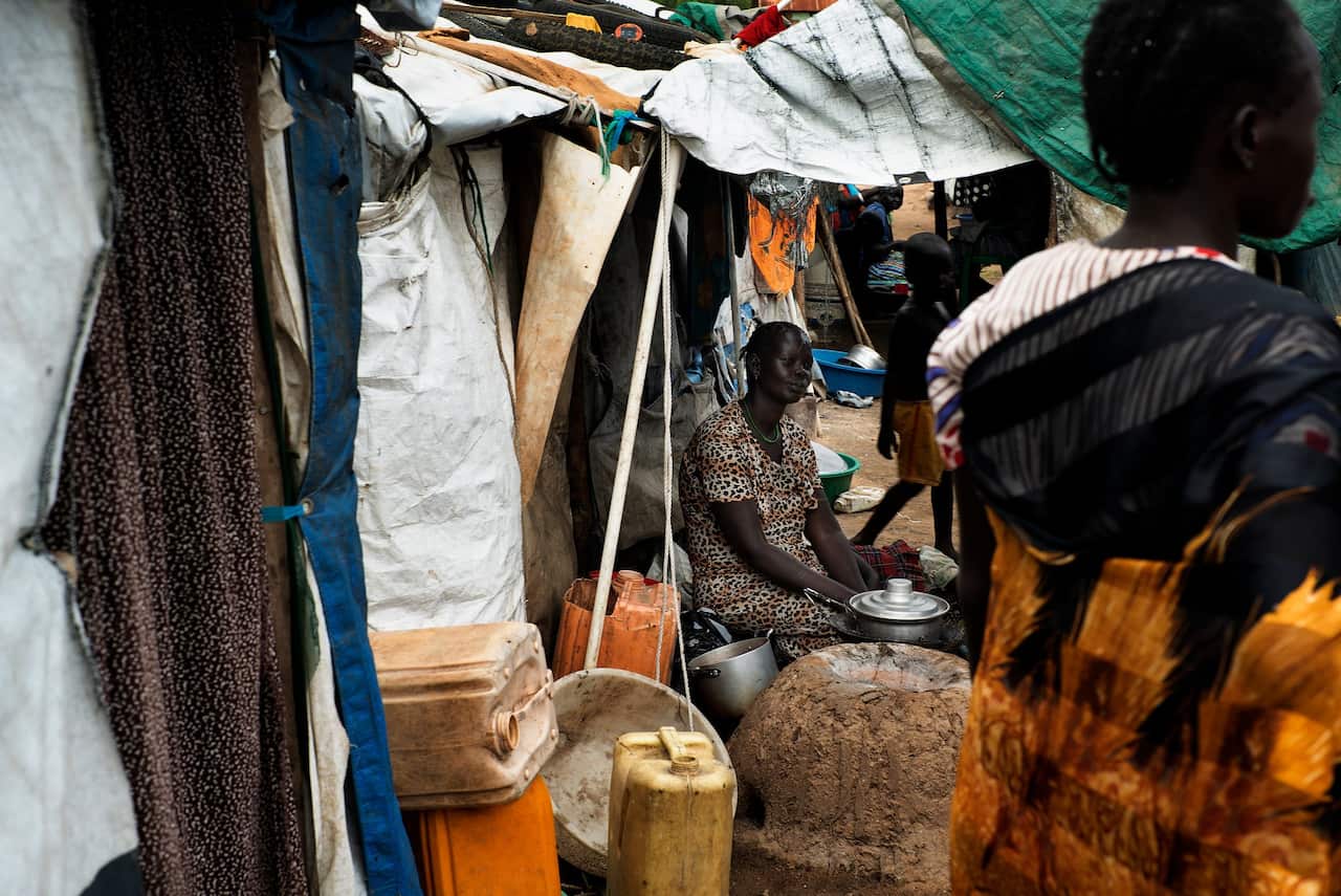 Nyantioop Mach outside her home in a camp for displaced people in Juba, South Sudan. “This year is the worst we have seen,” she said.