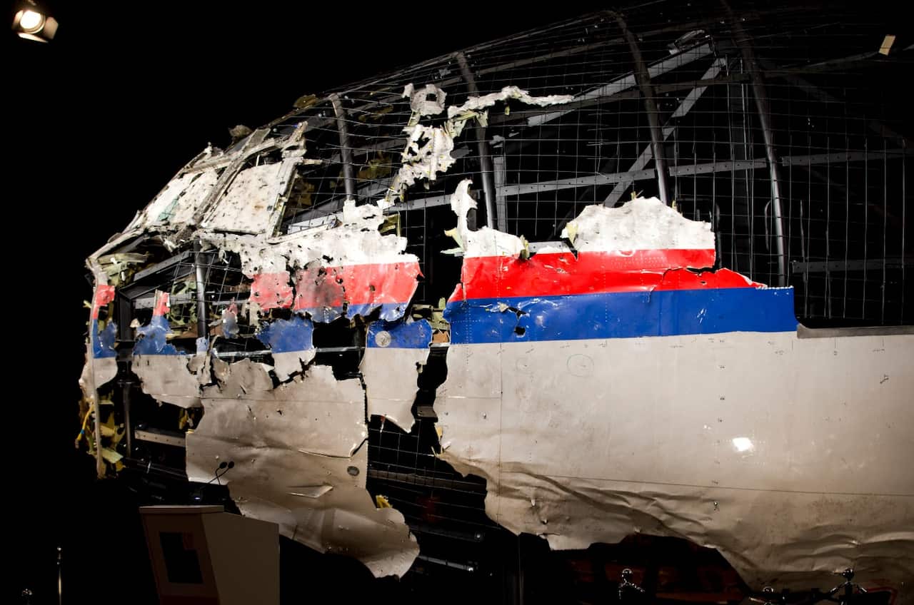 The reconstructed wreckage of Malaysia Airlines Flight MH17 