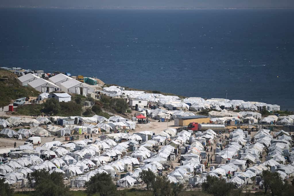 A picture taken on 30 March, 2021 shows a general view of the new refugee and migrant camp of Kara Tepe or Mavrovouni in Mytilene, on Lesbos island.