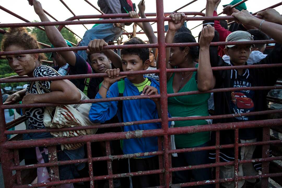 Migrants travel on a cattle truck.