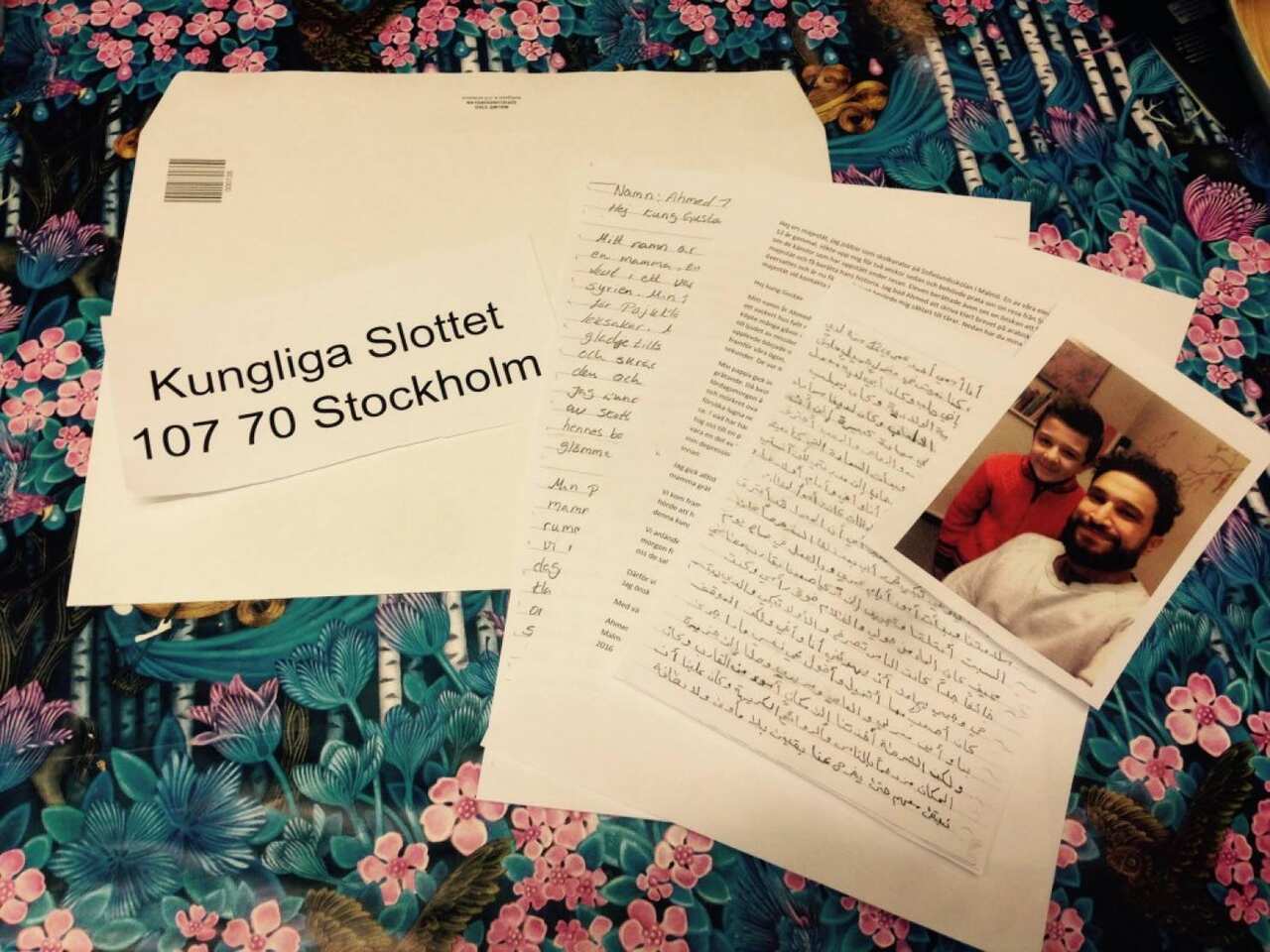 Ahmed's letter to the king, along with a photo of him and his counselor, Pooja Sharafi. Courtesy of Pooja Sharafi