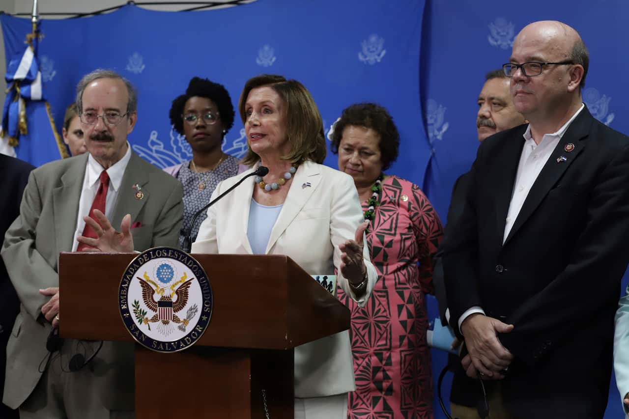 House of Representatives Speaker Nancy Pelosi gives a press conference after meeting with El Salvador's President Nayib Bukele in San Salvador, El Salvador.