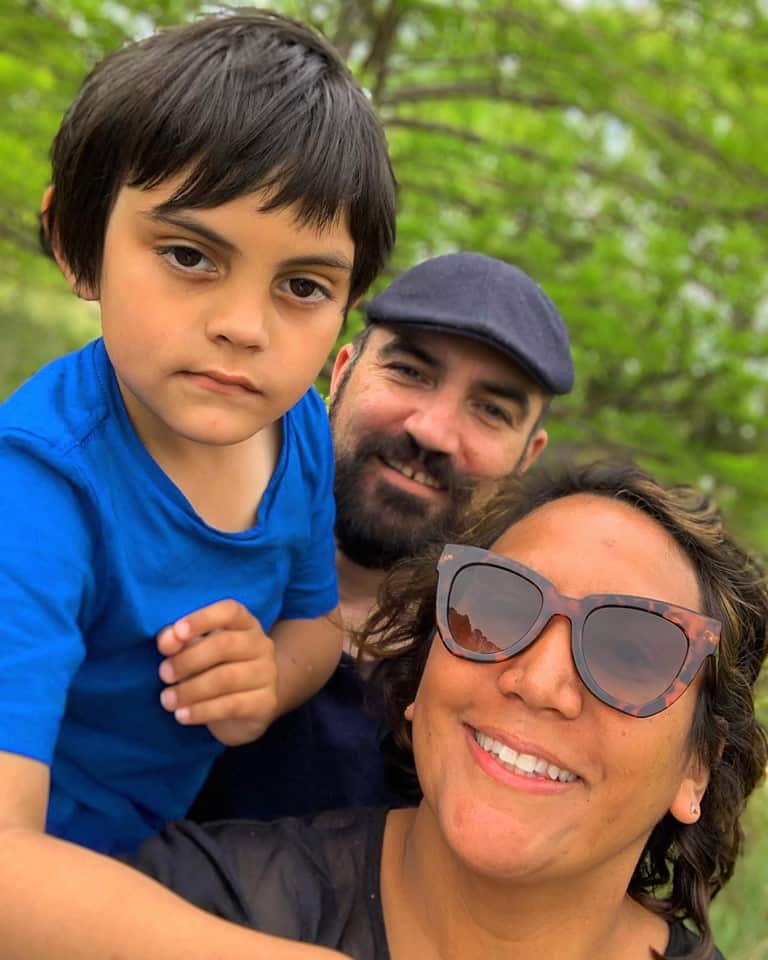 Mikala Sedgwick, her son Felix and partner Pete Flanagan.