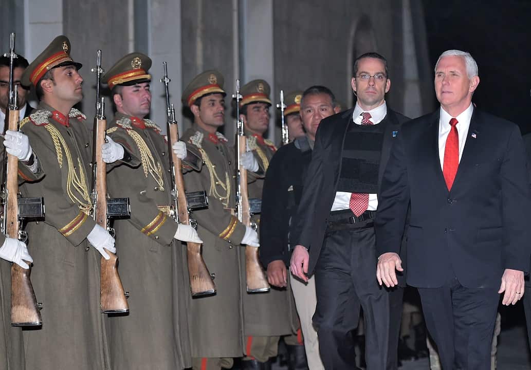 US vice president Mike Pence walks past an honour guard upon arrival at the Presidential Palace in Kabul on December 21, 2017.