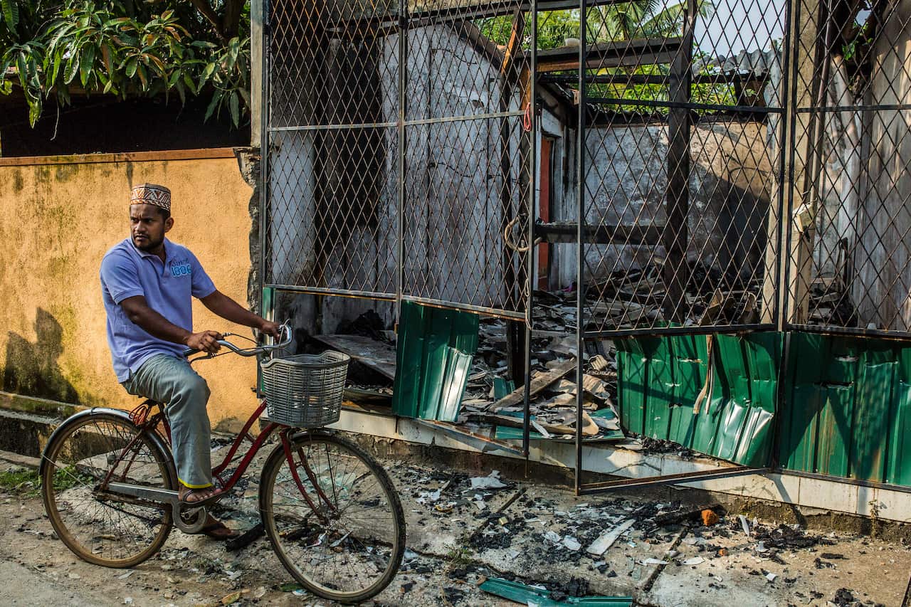 The ruins of a shop in Gintota, Sri Lanka, after mobs of Buddhists from Sri Lankas Sinhalese majority marauded through the village, burning dozens of Muslim homes, businesses and vehicles in 2017.