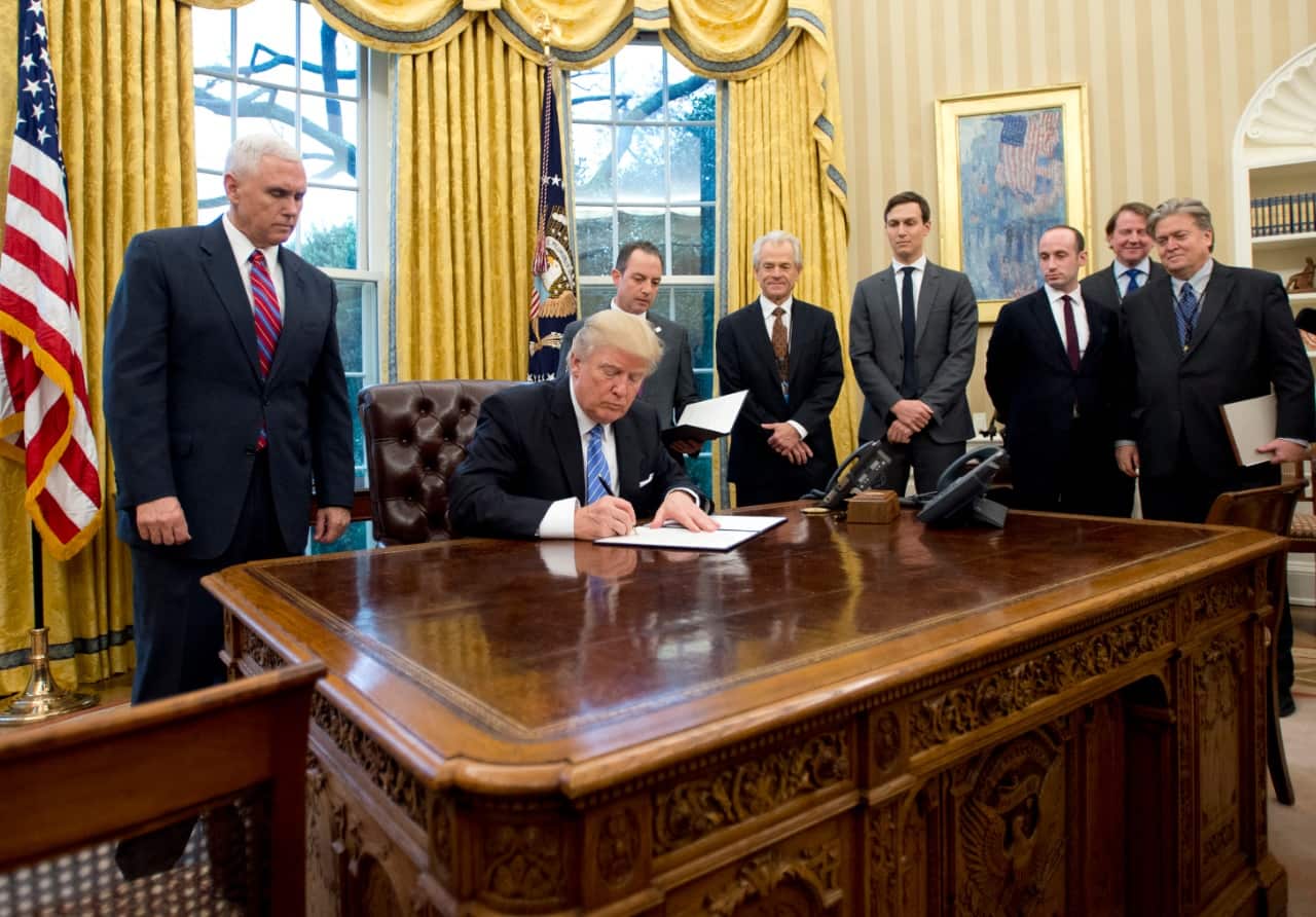 Stephen Miller is seen third from right, along with other advisers to US president Donald Trump (AAP)