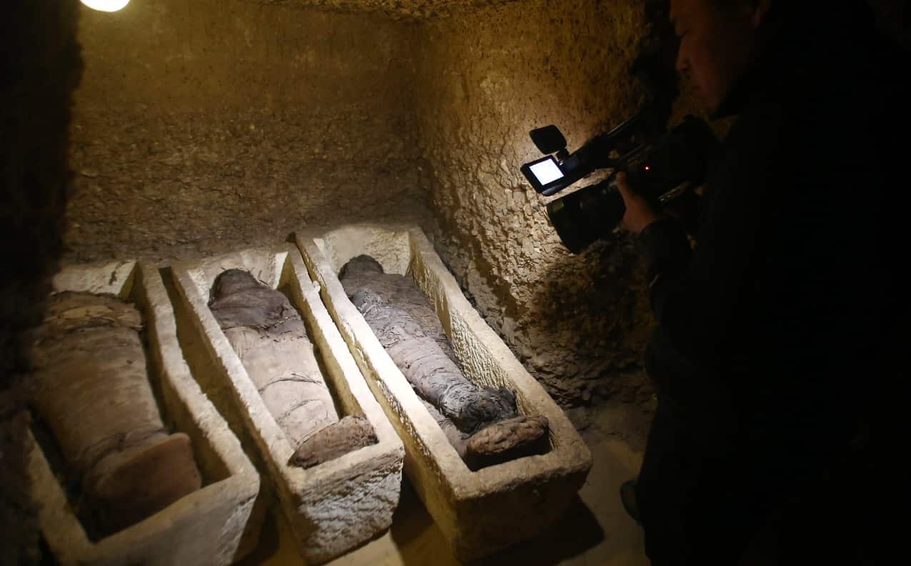 A videographer shoots mummies found at Tuna el-Gebel archaeological site in Minya, 270km south of Cairo, Egypt, 02 February 2019. 