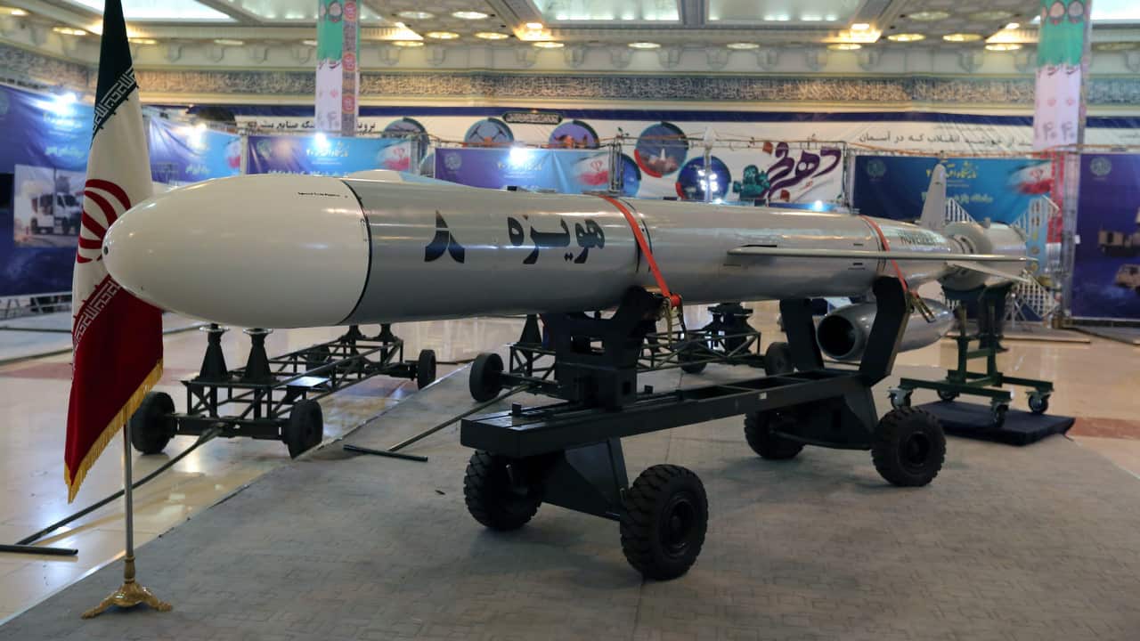 Iranian new cruise missile Hoveizeh is displayed during a weaponry and military equipment exhibition in Tehran.