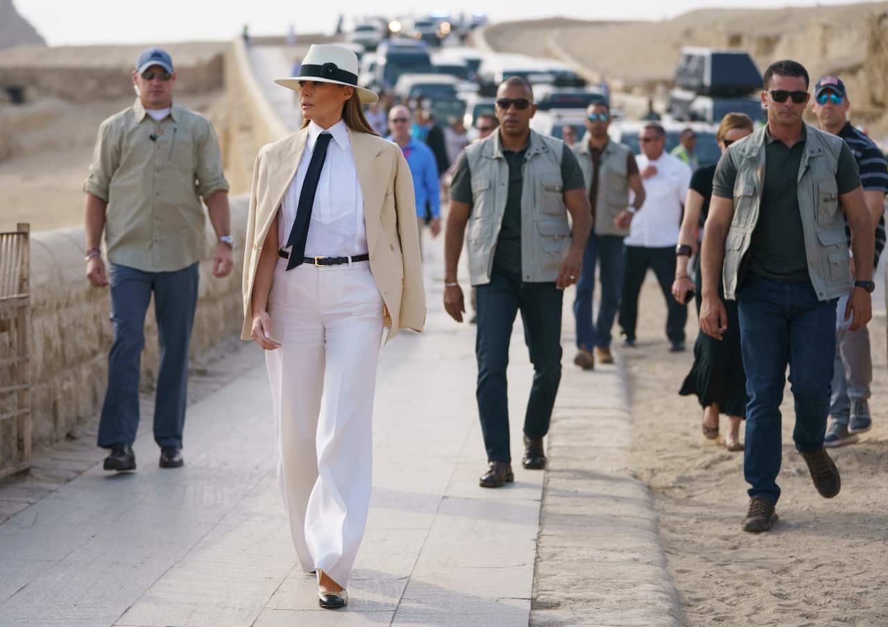 First Lady Melania Trump arrives to visit the historical site of the Giza Pyramids in Giza, near Cairo
