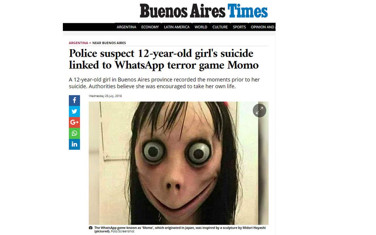 Argentinian news reports this week have linked a young girl's death to the Momo WhatsApp game. 