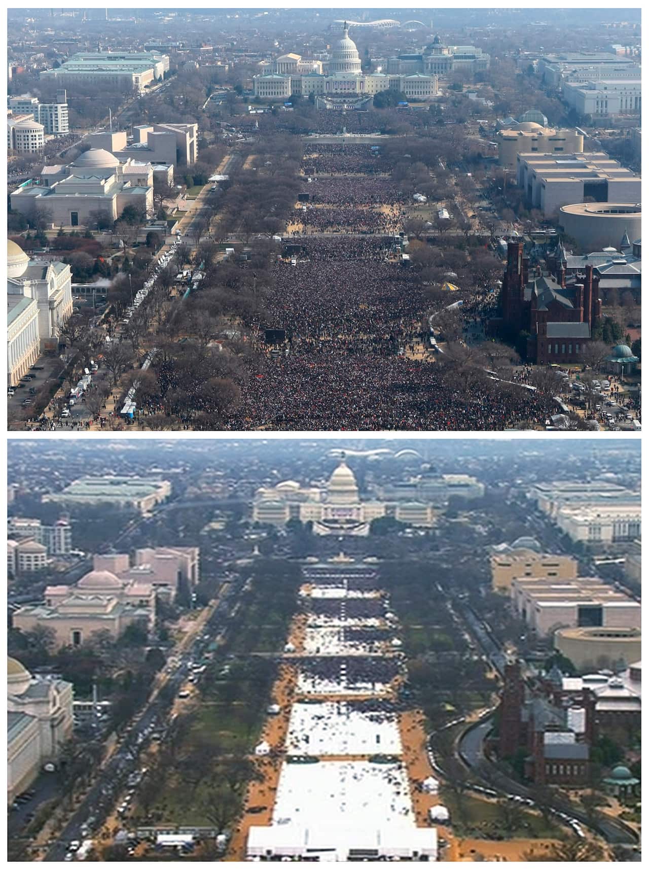 The National Mall at the inaugurations of President Barack Obama, above, on Jan. 20, 2009, and President Donald Trump, below, on Jan. 20, 2017. (AAP)