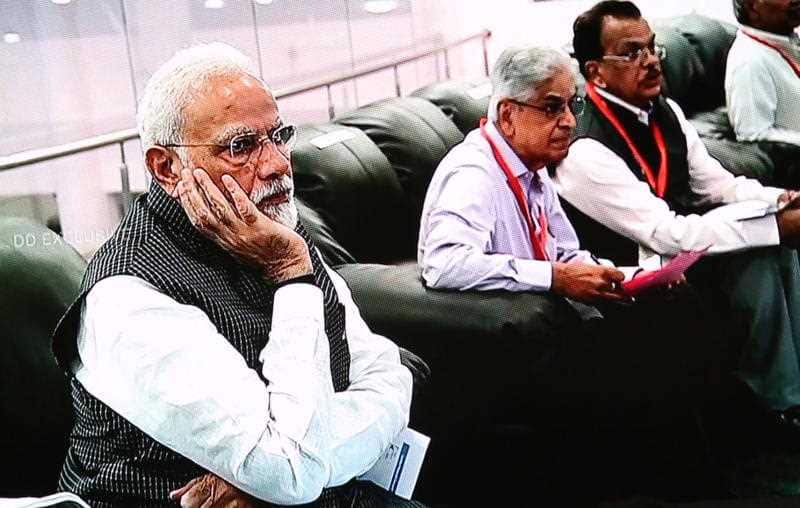 Prime Minister Narendra Modi reacting after the communication and data were lost from the vikram lander.