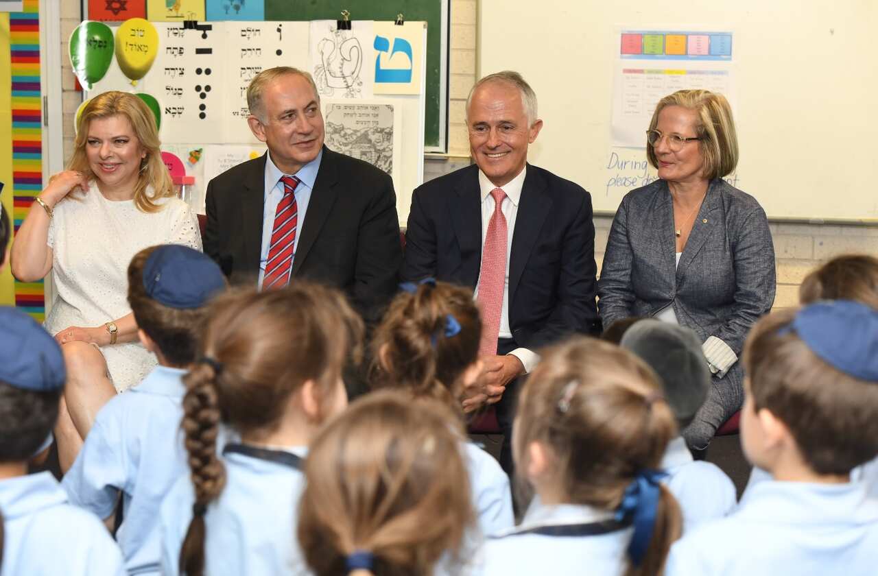 The leaders, and their wives, at Moriah War Memorial College in Sydney (AAP)