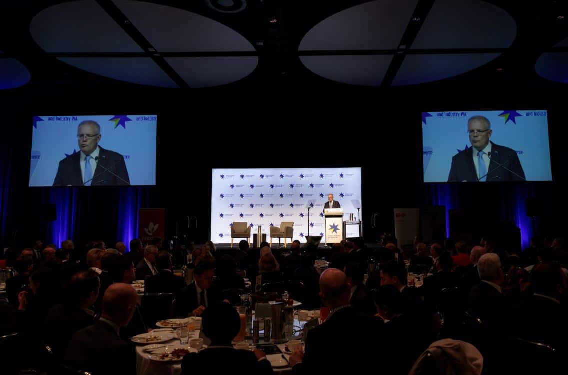 Prime Minister Scott Morrison speaks at the Chamber of Commerce and Industry in Perth
