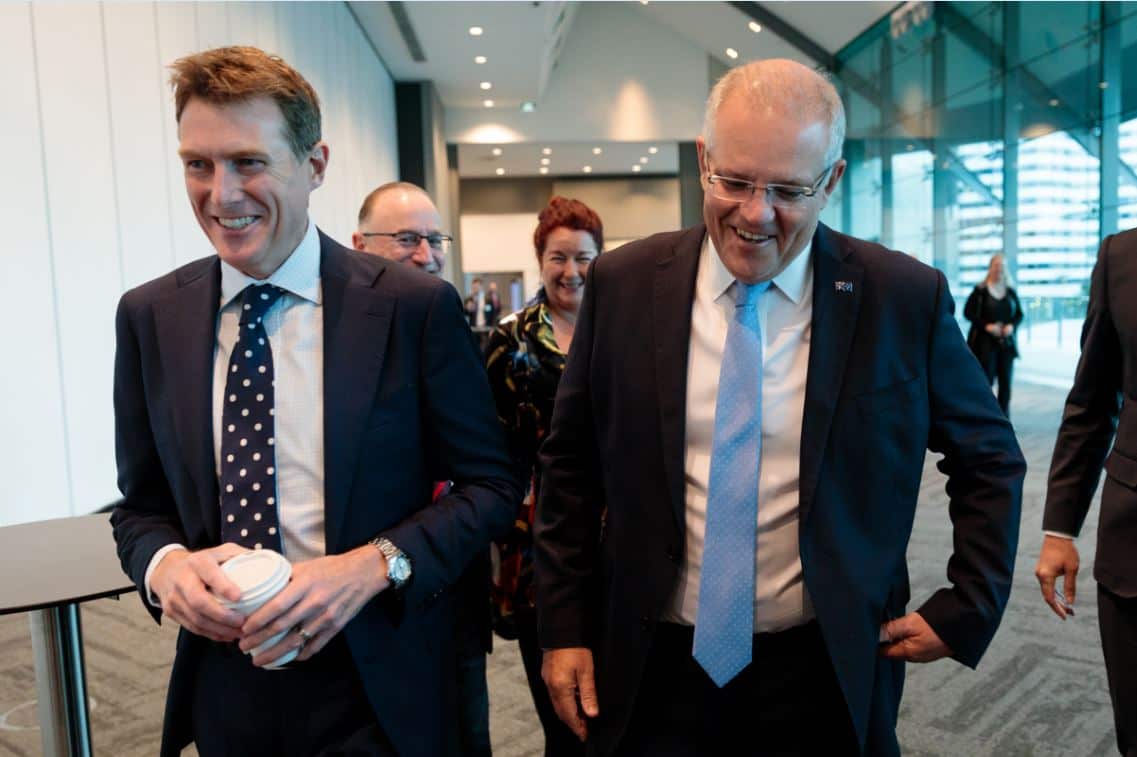 Prime Minister Scott Morrison with Attorney-General Christian Porter before a Chamber of Commerce and Industry WA 