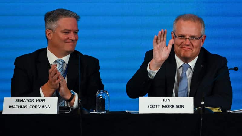 Australian Prime Minister Scott Morrison and Australian Finance Minister Mathias Cormann at the 61st Federal Council of the Liberal Party of Australia.