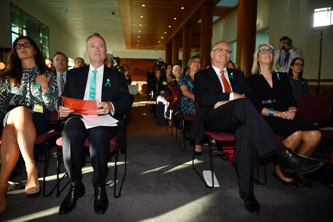 Leader of the Opposition Bill Shorten and Prime Minister Scott Morrison at a an ovarian cancer event at Parliament House in Canberra, Wednesday, February 13, 2019. (AAP Image/Mick Tsikas) NO ARCHIVING