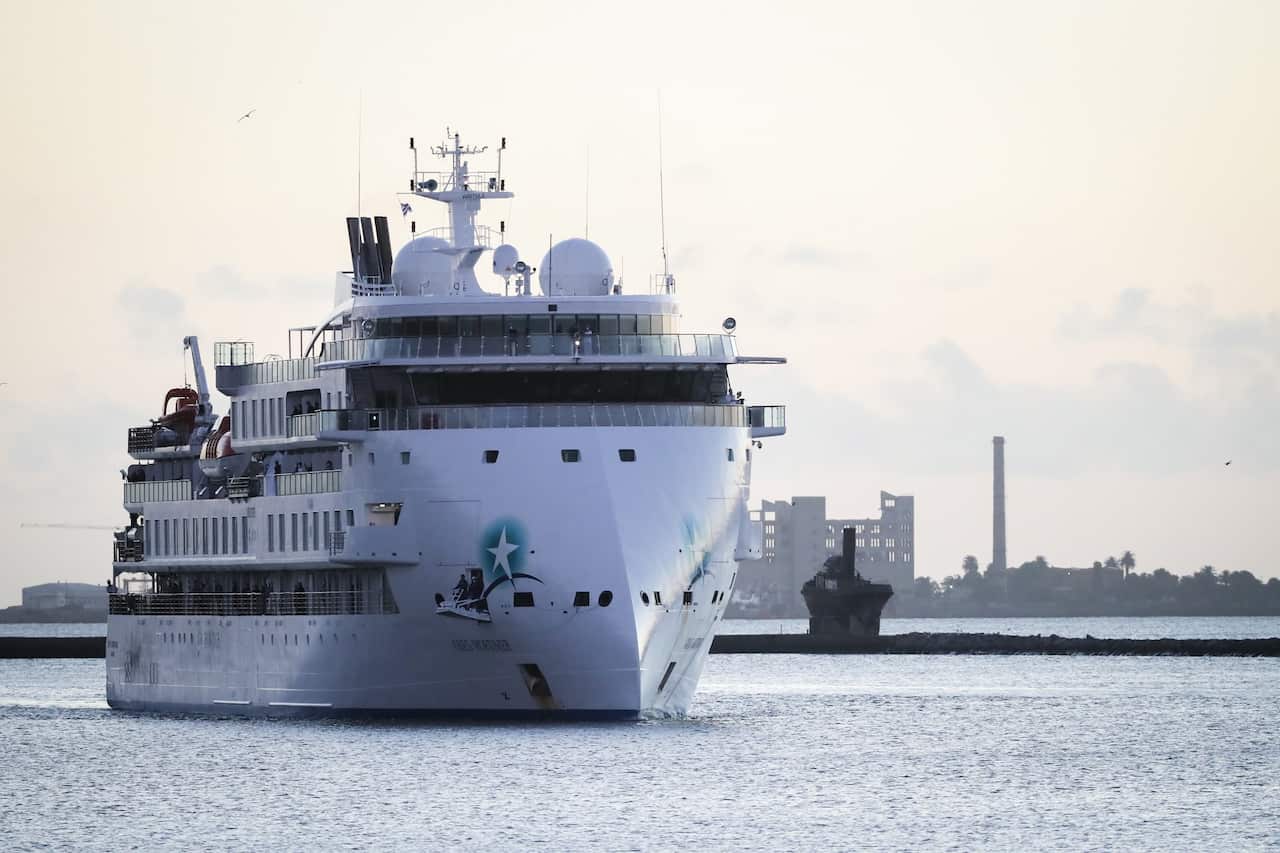 The Greg Mortimer cruise ship arrives at the port of Montevideo, Uruguay, 10 April 2020.