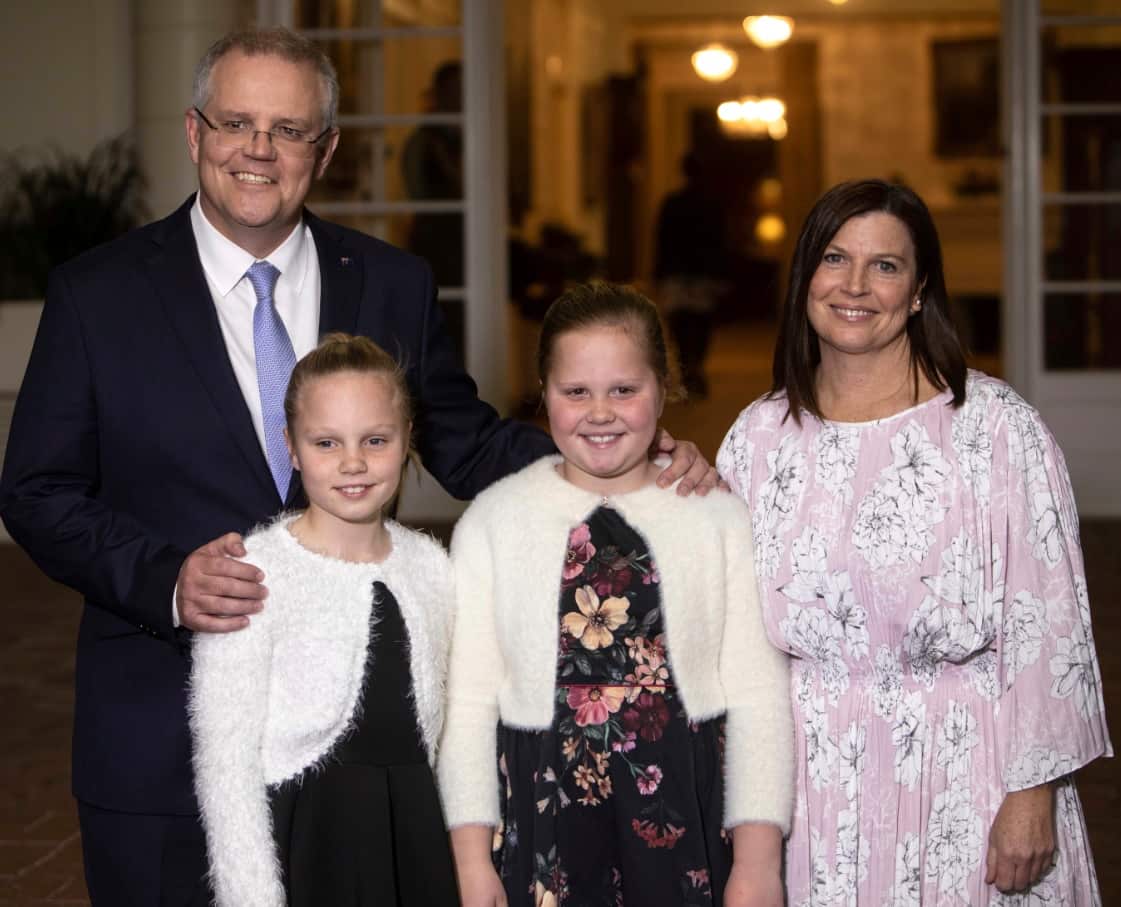 New Australian Prime Minister Scott Morrison with daughters, Abigail, second from right, and Lily, second from left, and wife Jenny after being sworn in