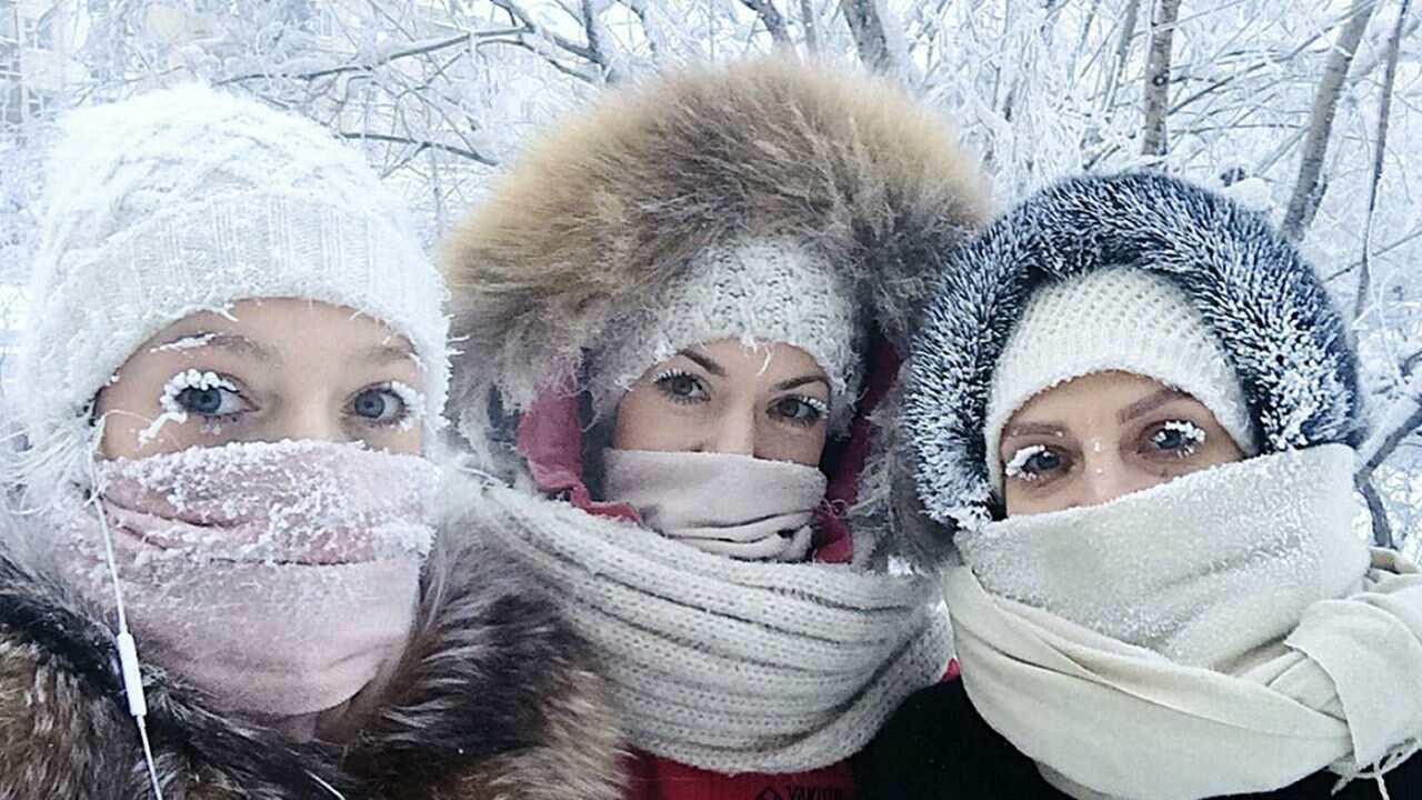 Anastasia Gruzdeva, left, poses for a selfie with her friends in Yakutsk, Russia.
