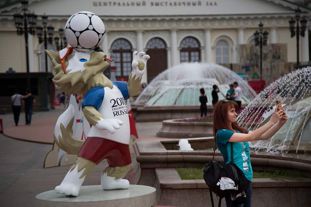 The 2018 World Cup mascot 'Zabivaka' in Moscow's Manezhnaya Square.