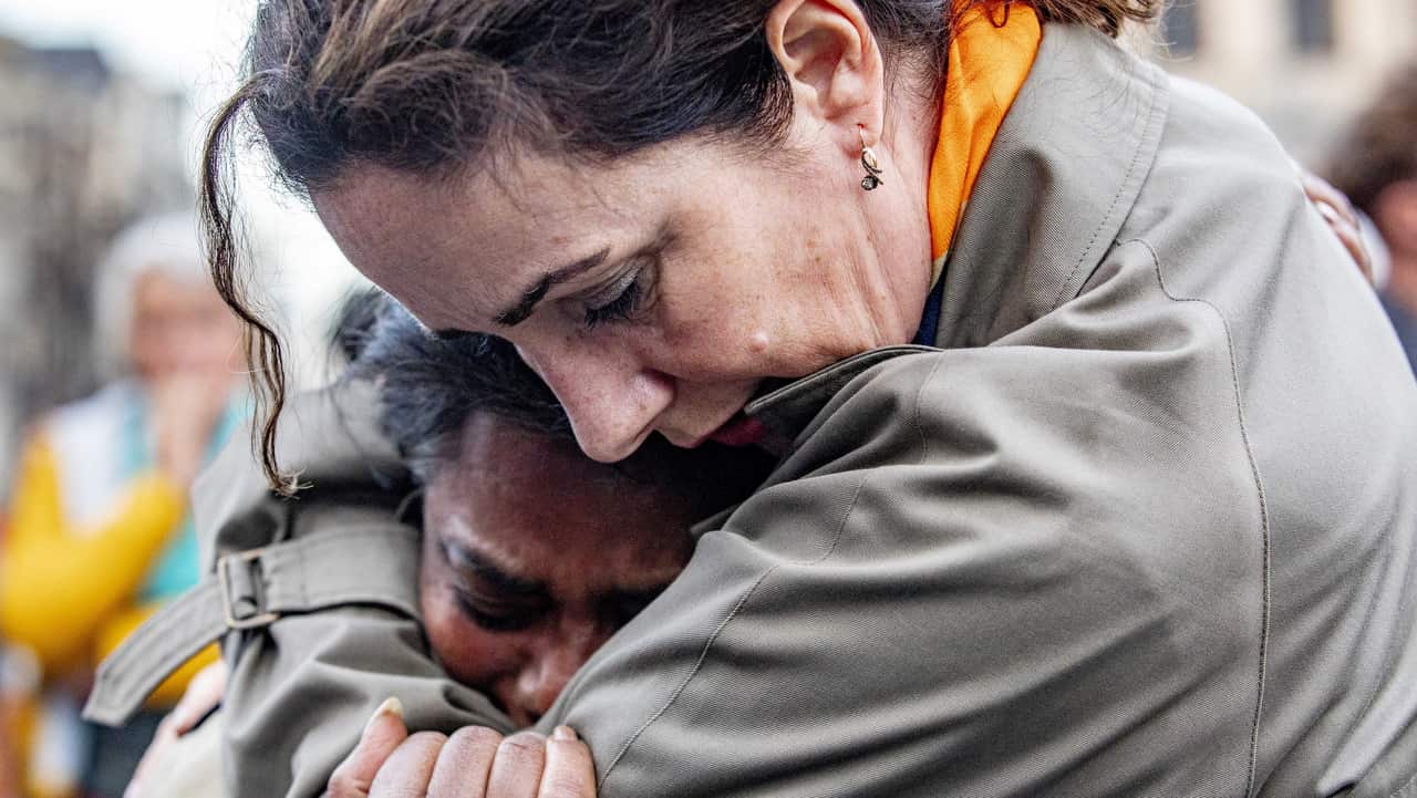 Amsterdam Mayor Femke Halsema (R) at Dam Square for the vigil for the victims of the attacks in Sri Lanka, in Amsterdam, the Netherlands.