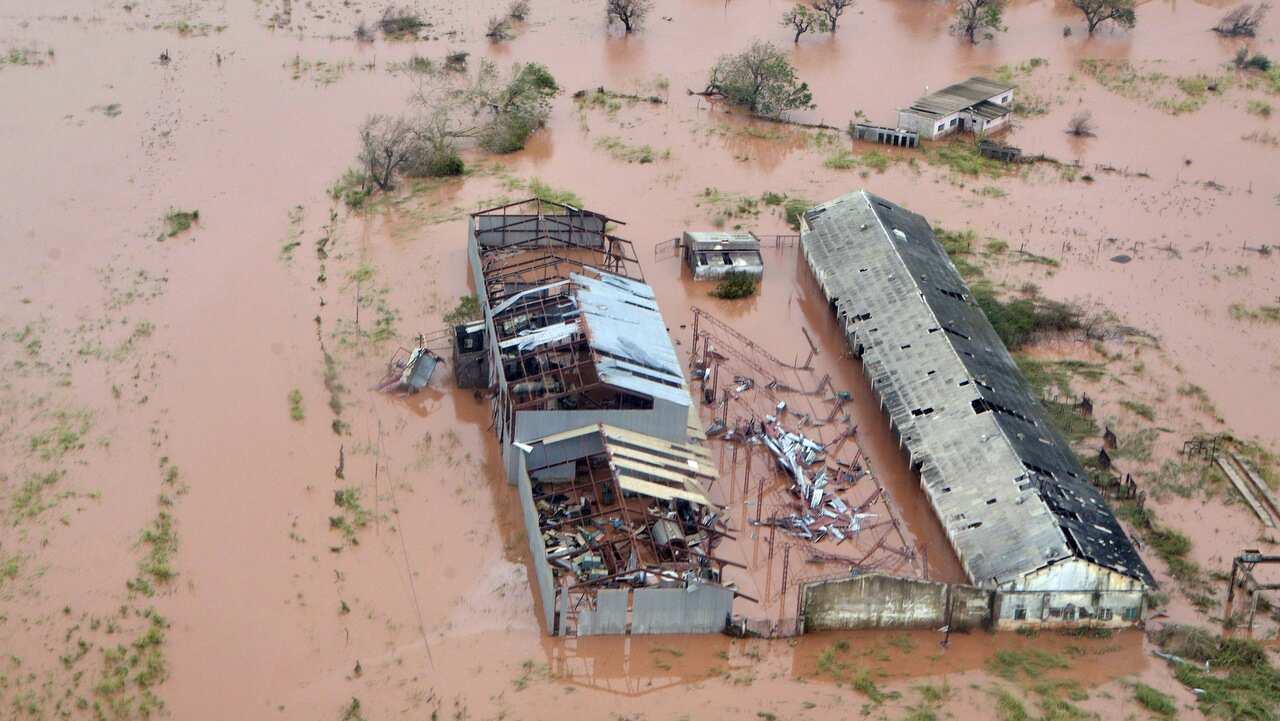 An aerial view shows damage from the flood waters after cyclone Idai made landfall in Sofala Province, Central Mozambique.