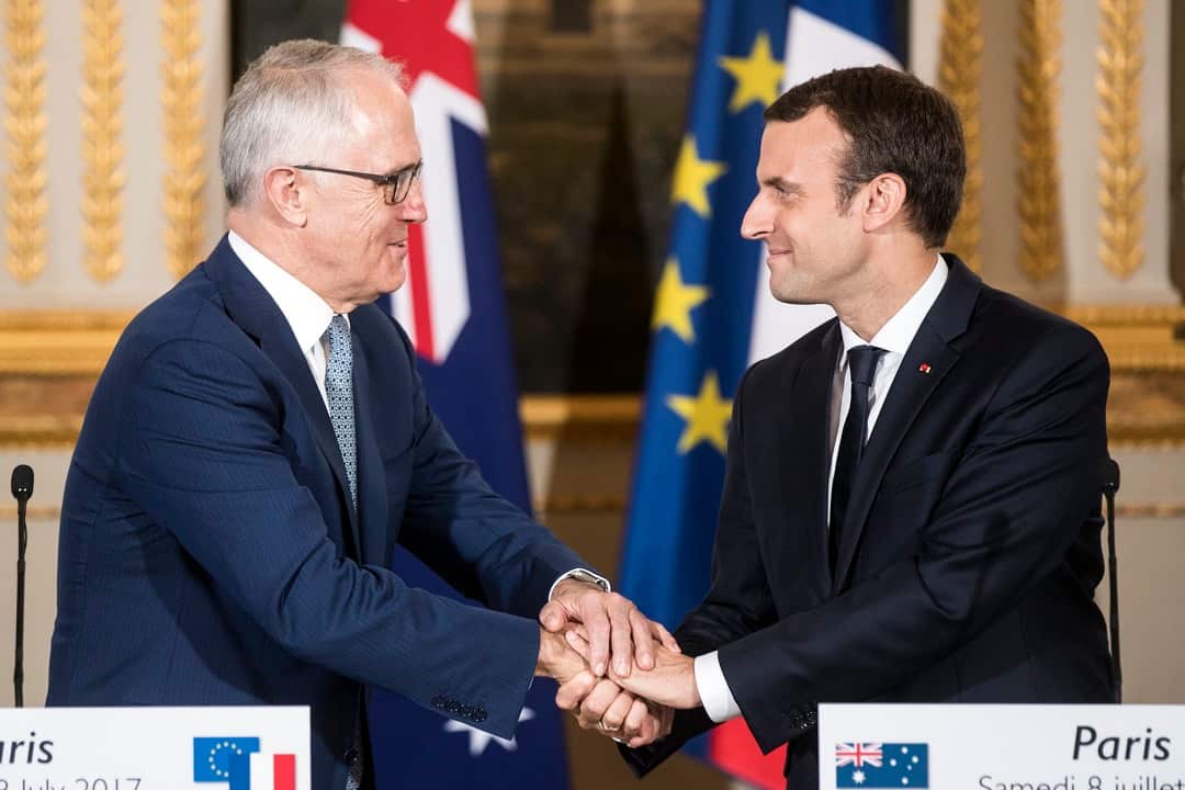 July 2017: Prime Minister Malcolm Turnbull and President Emmanuel Macron deliver a joint press briefing ahead of a working dinner at the Elysee Palace.