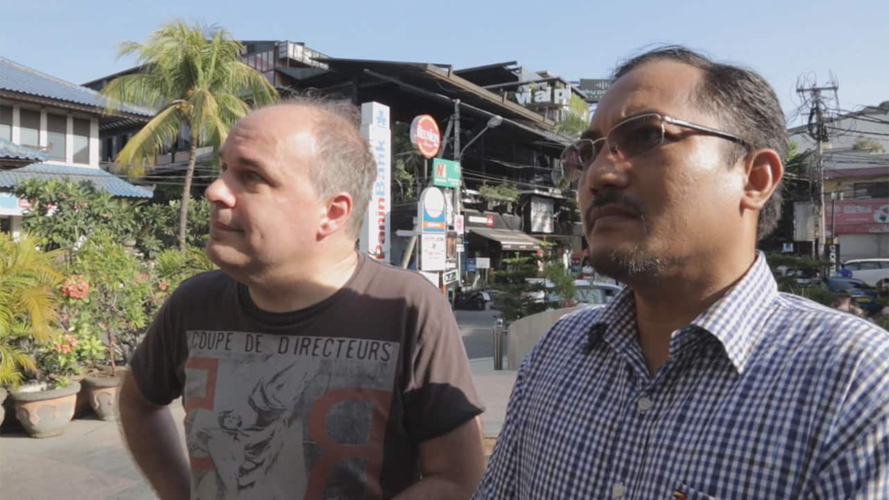 Australian Jan Laczynski and Nasir Abbas at the site of the Bali bombing.