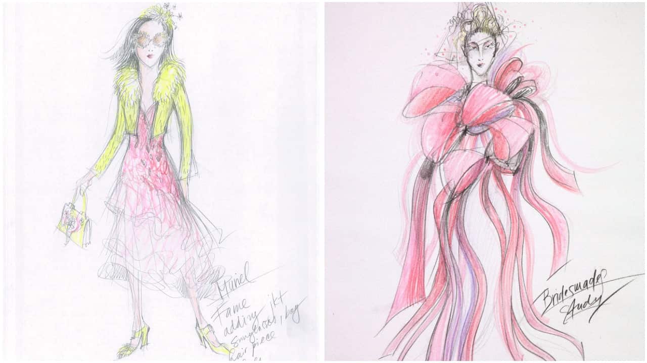 One of Murial's costumes, left, and a colourful bridesmaid.