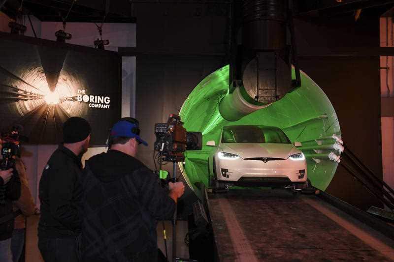 Elon Musk, co-founder and chief executive officer of Tesla Inc, arrives through his LA tunnels in a modified Tesla Model X electric vehicle.
