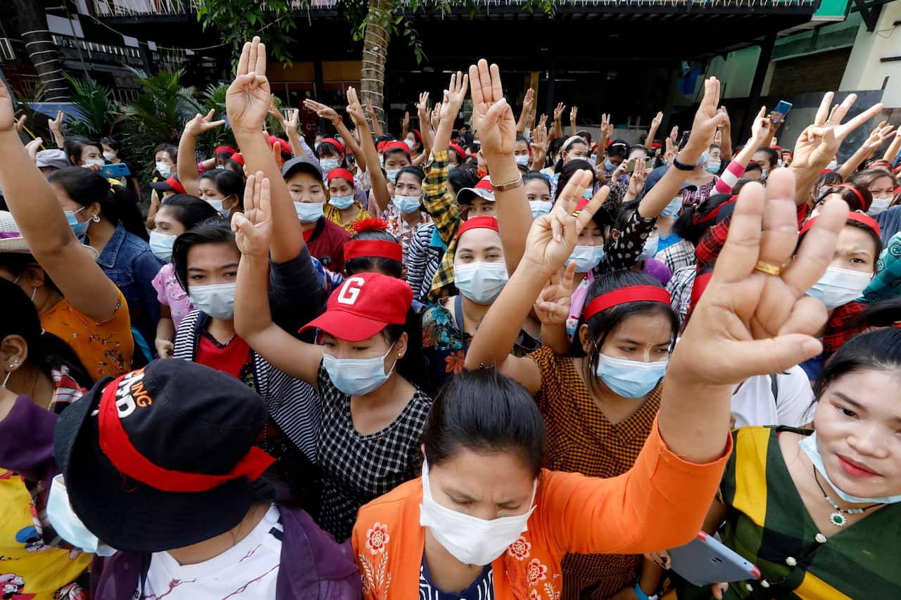Protesters demonstrate against the military coup in Yangon, Myanmar.