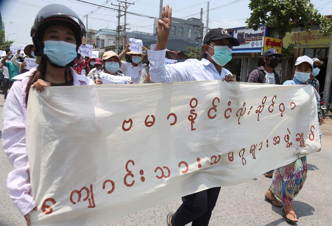 An anti-military coup protest in Mandalay, Myanmar, 30 April 2021.