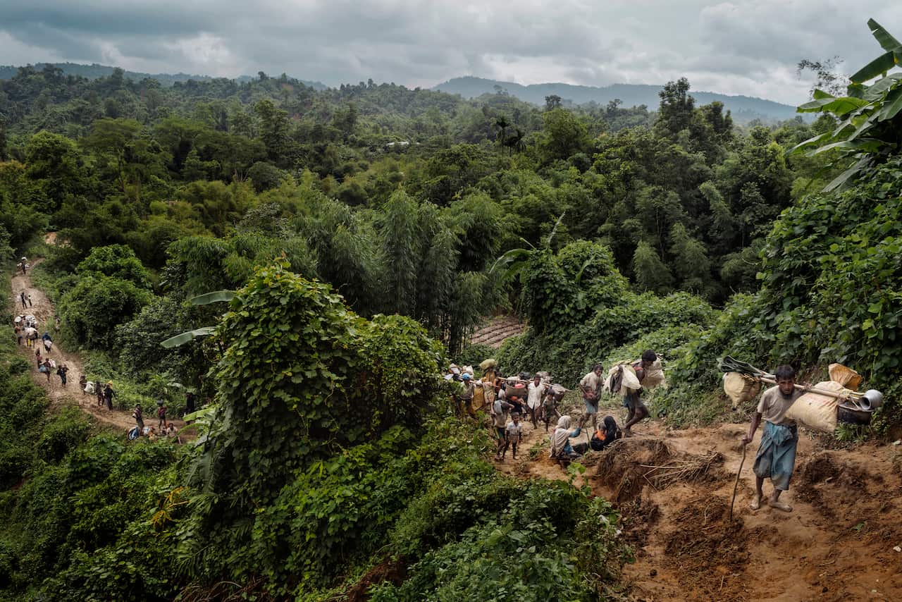 Rohingya refugees from Myanmar after crossing the border illegally near Amtoli, Bangladesh, Aug. 31, 2017. (Adam Dean/The New York Times)