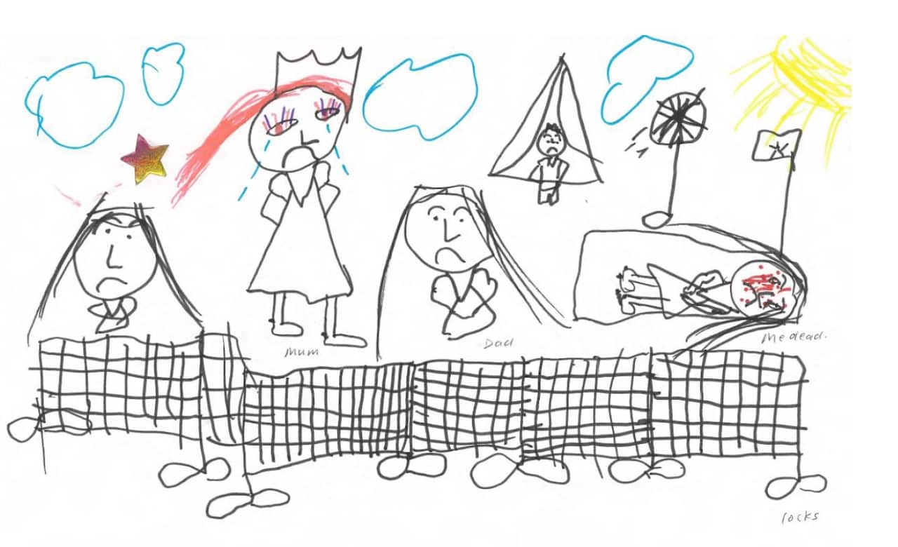 This drawing shows people crying and one person with blood on their face.