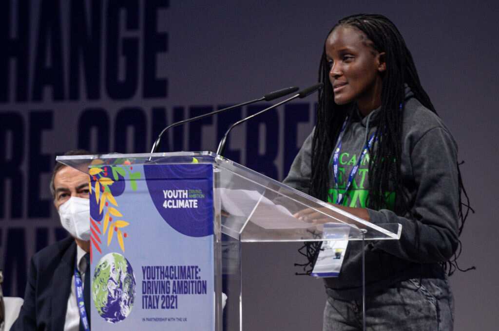  Vanessa Nakate, Youth Climate Activist speaks from the podium during the Youth4Climate Pre-COP Youth Event at MiCo in Milan, Italy.