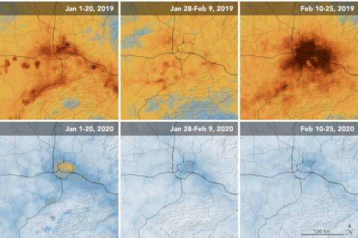Nasa images show the drastic reduction in pollution over major Chinese cities.