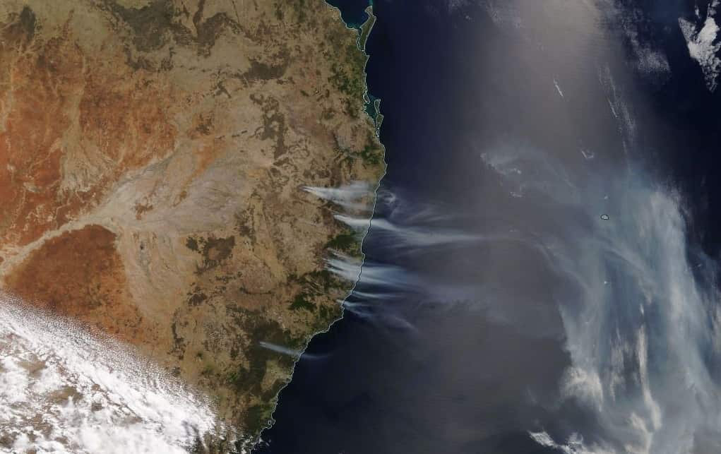 An image from NASA Worldview showing numerous NSW and QLD blazes visible from space. 