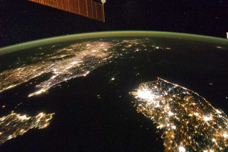 North Korea blacked out, between China to the left and South Korea to the right.