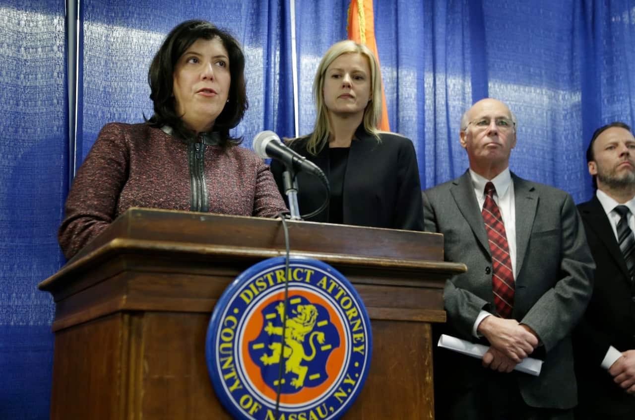 Nassau County District Attorney Madeline Singas, left, speaks to reporters during a news conference in Mineola, N.Y (AAP)