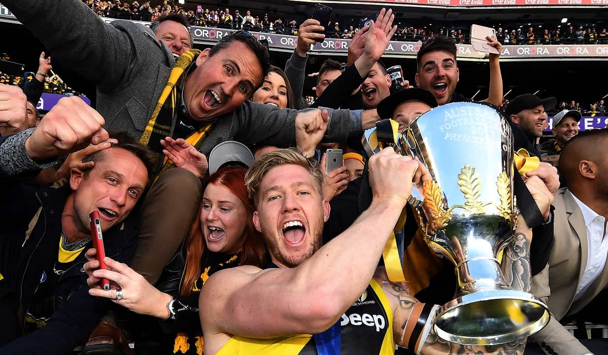 Nathan Broad celebrates following the Tigers AFL Grand Final victory.