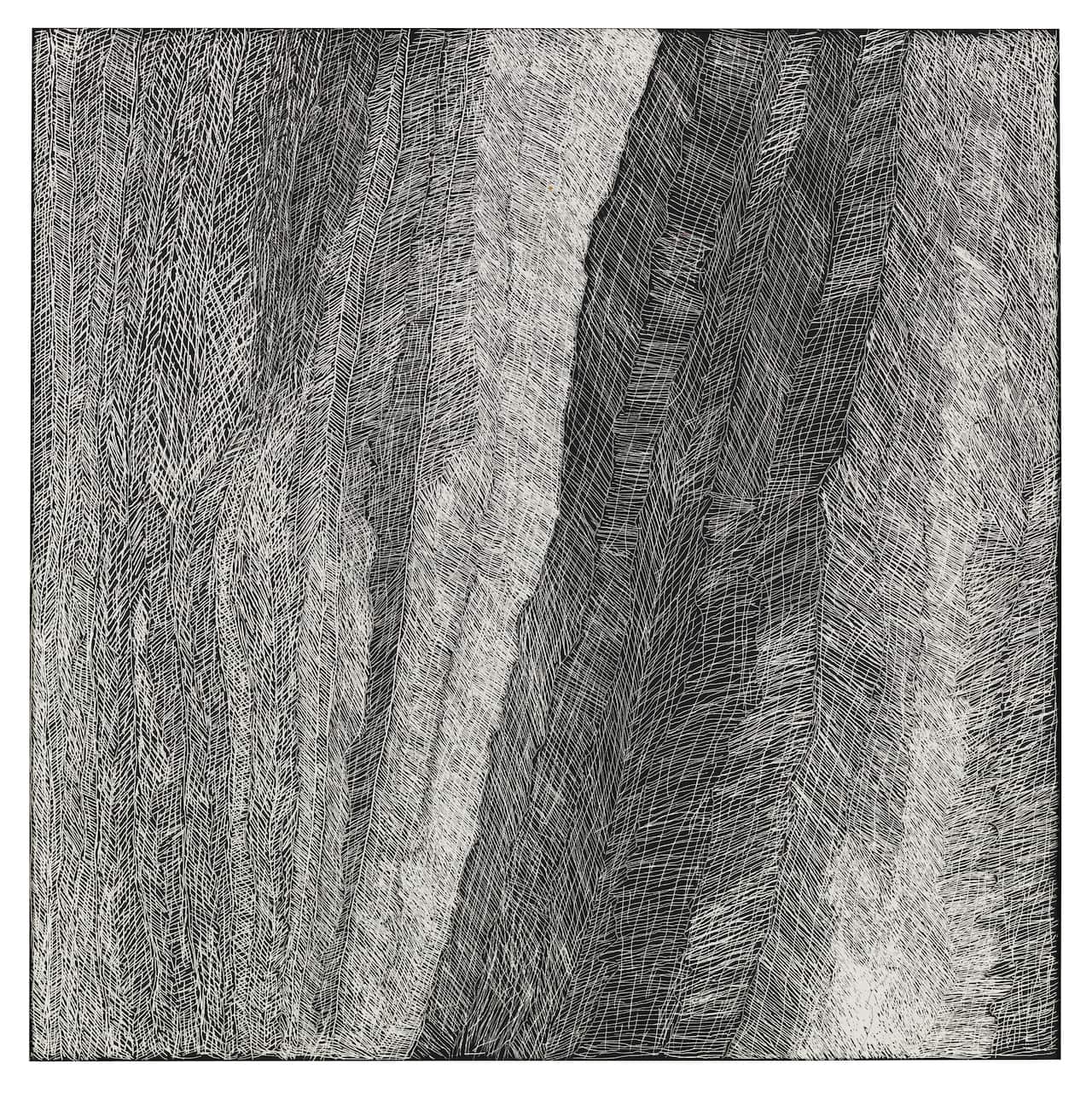 Made from enamel paint and etchings on tin, the winning artwork shows the flow of the jila or living water that flow in that country after the rain falls.