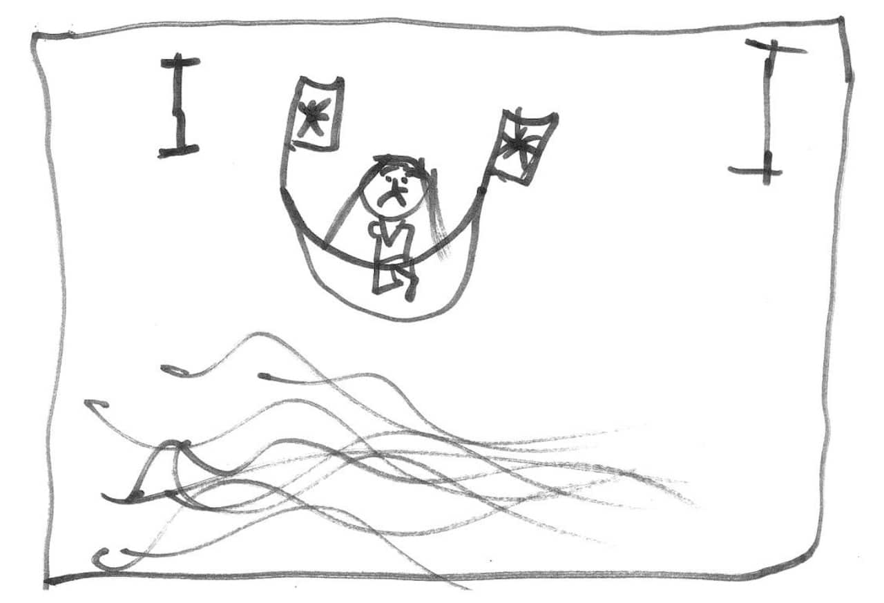 Seven-year-old girl draws the boat she arrived in.