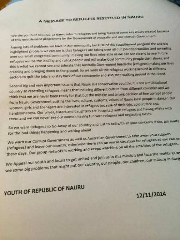 Anonymous letters tell refugees to leave island or face 'bad things' (Supplied)