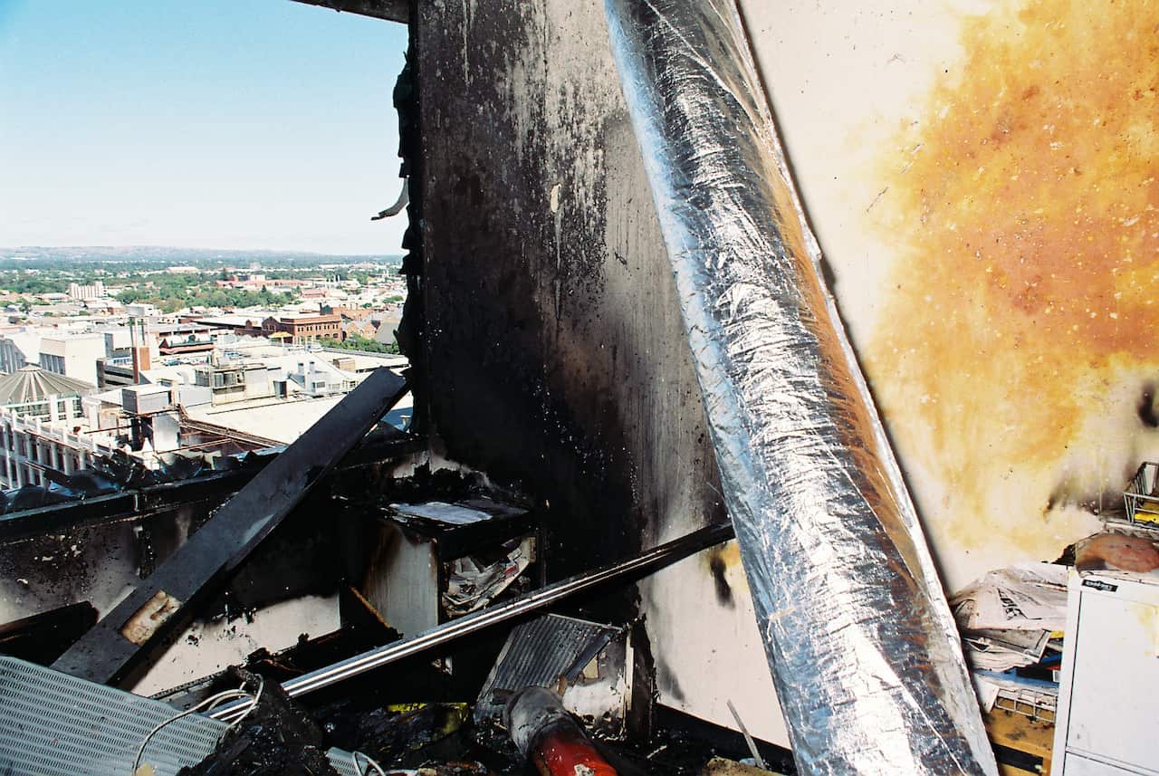 Debris in an office after a bomb blast.